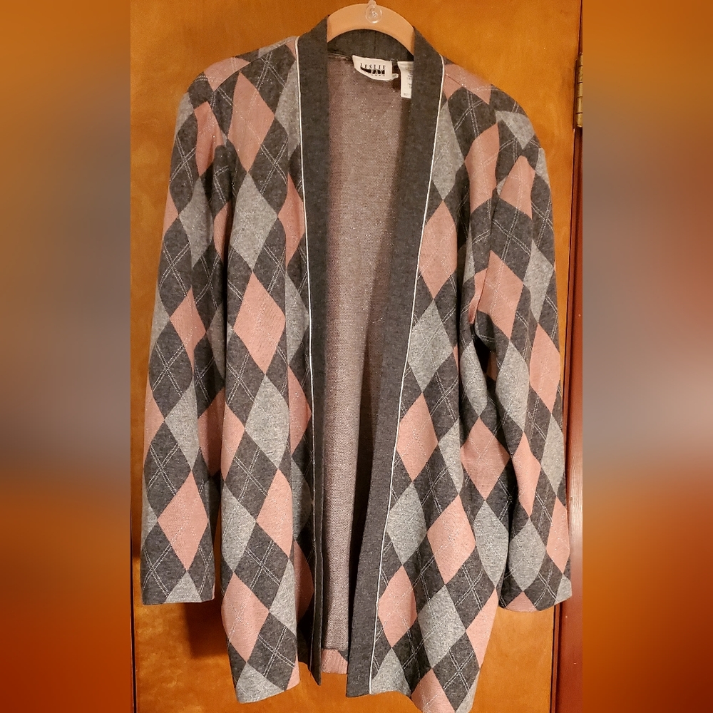 Leslie Fay Ladies' Pink & Gray Argyle Open Cardigan, Size 8